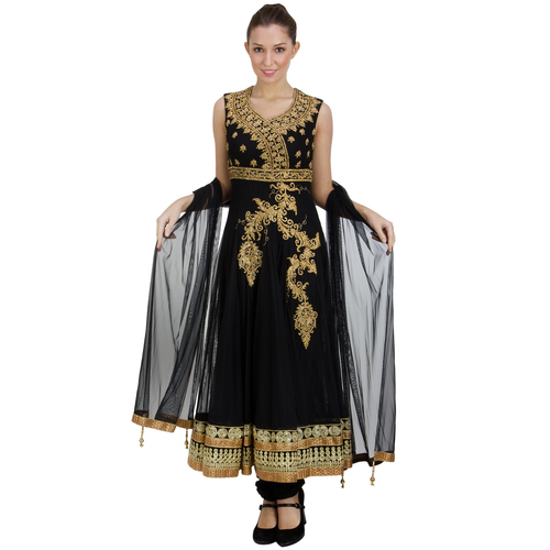 Designer Anarkali Suit - Velvet & Net, Black with Gold Thread Embroidery | Elegant Design, Comfortable Fit, Floor Length