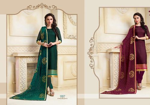 Designer Salwar Kameez - Silk/Cotton, 54 Inches, Green/Maroon | Gold Print Embroidery, Elegant Design, Comfortable Wear
