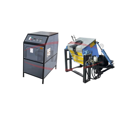 Induction Based Copper Melting Furnace - 5 Kg Capacity 3 Phase 440V A/C Electric Blue Color | Perfect Homogeneous Mixing Manual Tilting Unit Energy Efficient 12 KW Power 10-12 Minutes Melting Time