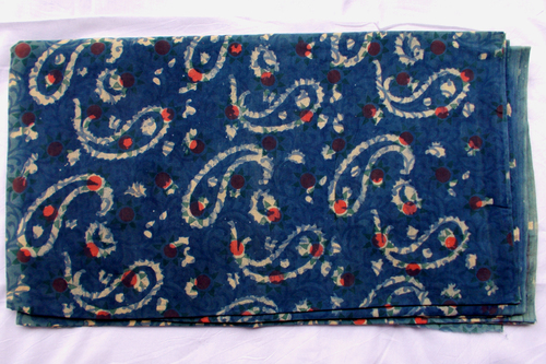 Off White Paisley Indigo Dabu Hand Block Printed Fabric Design 19