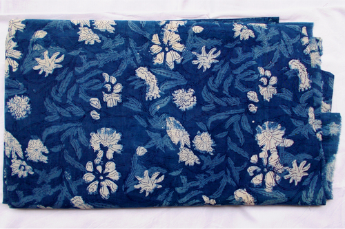 Simple Floral Indigo Blue Dabu Hand Block Print Cotton Fabric Running Design 20