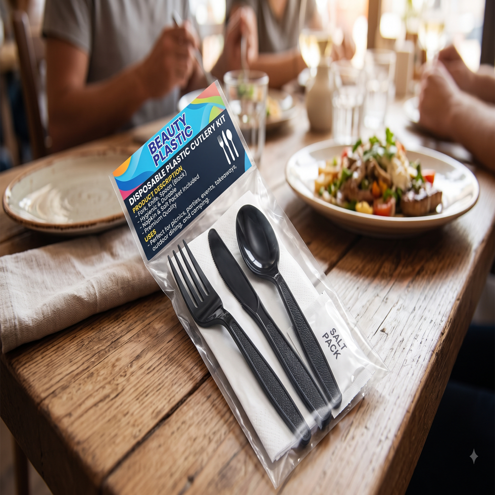 Disposable Cutlery Kit - Plastic, Medium Weight, White | Elegant Knife, Fork, Tea Stirrer, Dessert Spoon, Hygienically Packed for Event & Party Use