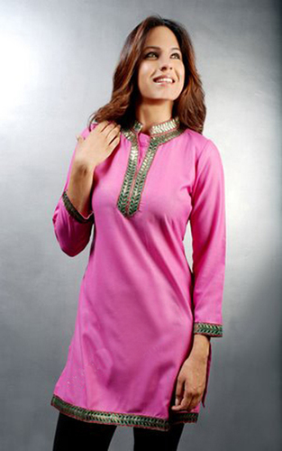 Designer Kurti - Rayon, S-XL, Pink | Elegant Design, Sequins Embellishments, Comfortable Fabric, Knee-Length, Mandarin Collar, Three-Quarter Sleeve