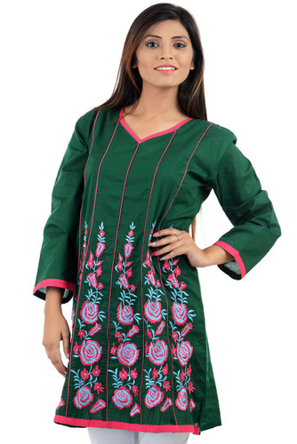 Designer Kurti - Cotton, Knee Length, Green | Floral Embroidery, V-Neck, Three-Quarter Sleeves, Elegant Fit