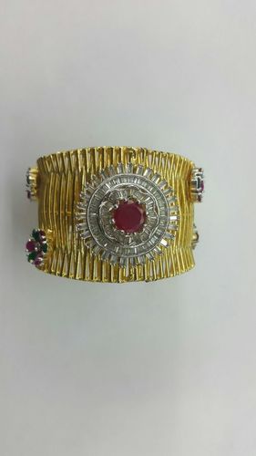 Traditional Kada - Gold, Variable Dimensions, Polished Finish | Elegant Design, Ruby and Diamond Stones, Fine Craftsmanship
