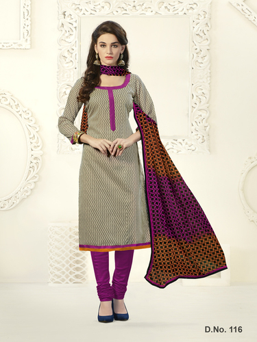 Fashionable Dress Material - Cotton, 44 Inch Dress Length, 2.25m Dupatta | All-Over Print, Contrast Lace, Printed Dupatta, 3/4 Sleeves