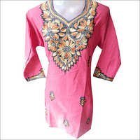 Ladies Katha Stitch Kurti - Cotton, 3-4th Sleeve, Pink Color | Elegant Embroidered Pattern, Alluring Kantha Work For Casual Occasions