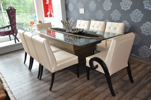 Designer Dining Table - Wood Base, Glass Top 72x36x30 inches, Upholstered Chairs 18x20x40 inches, Elegant Durable Stylish Seating