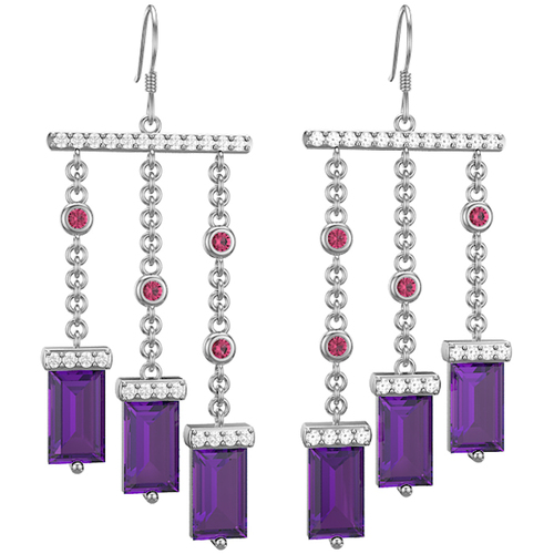 18K Yellow Gold Earring with Diamond,Amythest,Pink Tourmaline