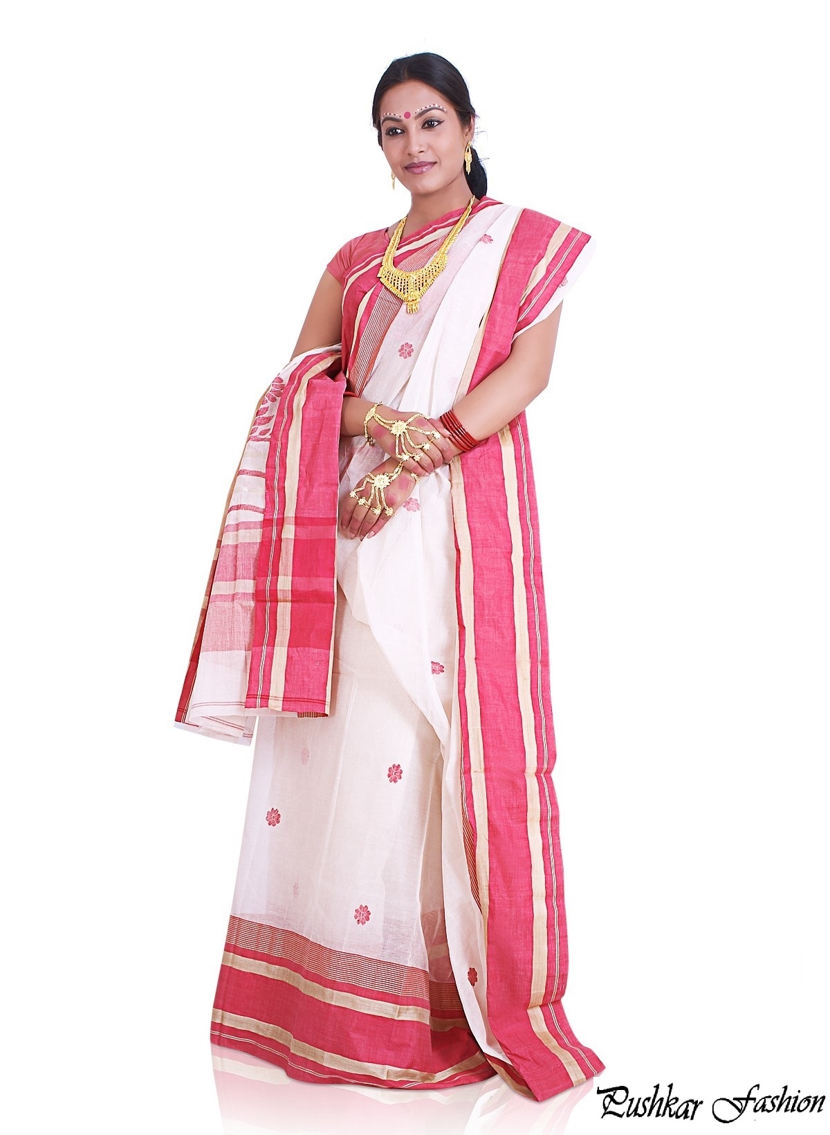 White Bangla Saree With Pink border