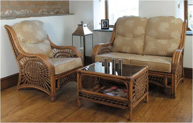 Amour Davos Cane Sofa Set - Cane Material, Natural Color, 4 Pieces | Glossy Finish, Pre-Assembled, Comfortable Cotton Upholstery