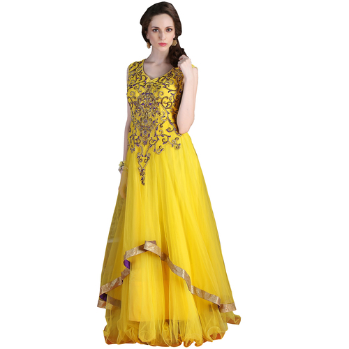 Occeanus Yellow Net Designer Gown