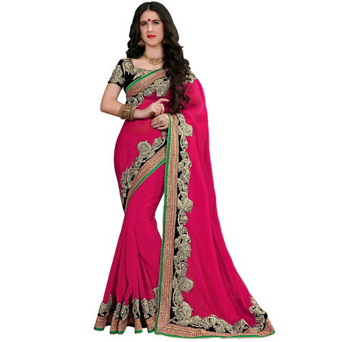Occeanus Red Georgettee Designer Saree