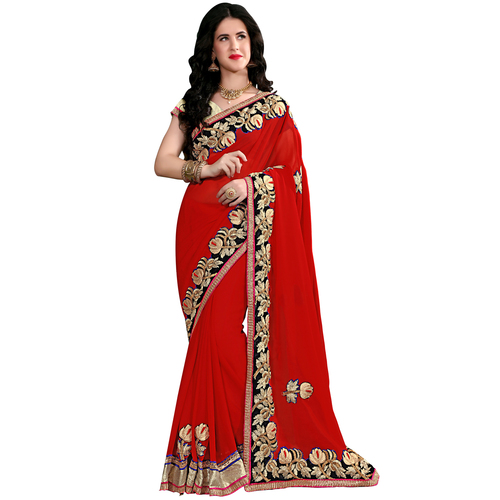 Occeanus Red Georgette Designer Saree