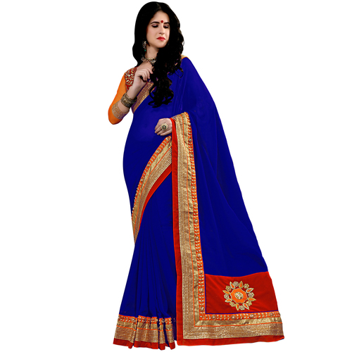 Occeanus Blue Georgette Designer Saree - 5.5 Meters, Embroidered Border, Stylish Neckline, Fancy Sequin Work