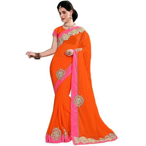 Occeanus Orange Georgette Designer Saree