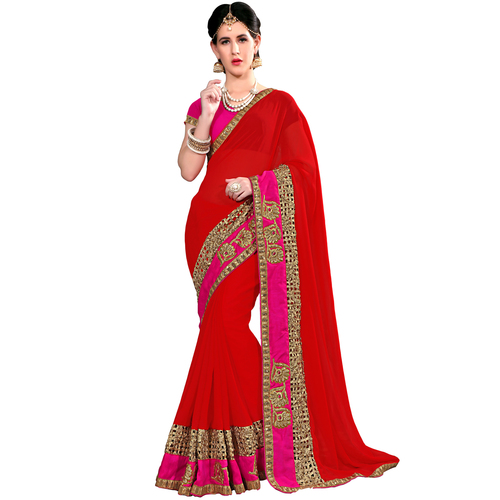 Occeanus Red Georgette Designer Saree