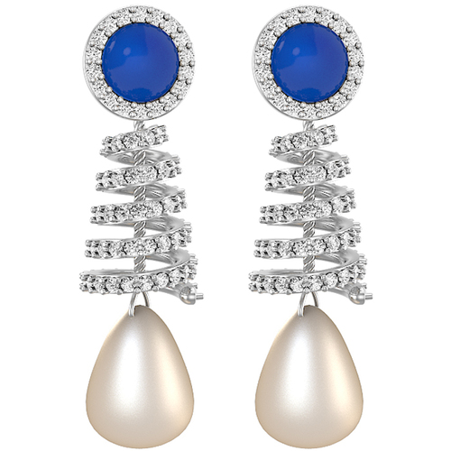 18K White Gold Earring with Diamond , Blue Sapphire & Pearl