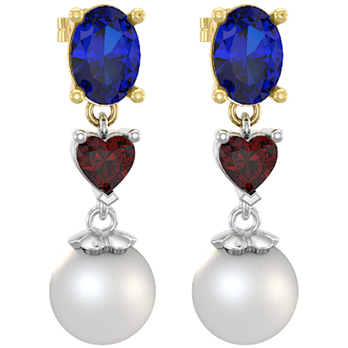 18K Yellow Gold Earring with Blue Sapphire , Red Garnet & Pearl