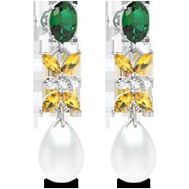 18K White Gold Earring with Diamond , Emerald , Yellow Sapphire & Pearl