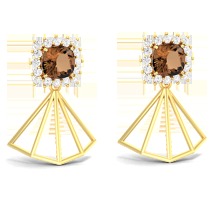 18K Yellow Gold Earring with Diamond & Smokey Quartz