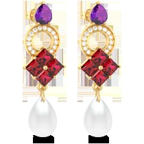 18K Yellow Gold Earring with Diamond , Ruby & Amethyst