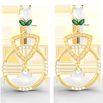 18K Yellow Gold Earring with Diamond , Emerald & Pearl