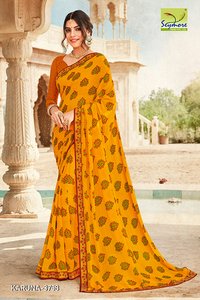 Heavy Saree - Georgette Fabric, Yellow Brocade Print | Elegant Design With Beautiful Border, Perfect For All Occasions