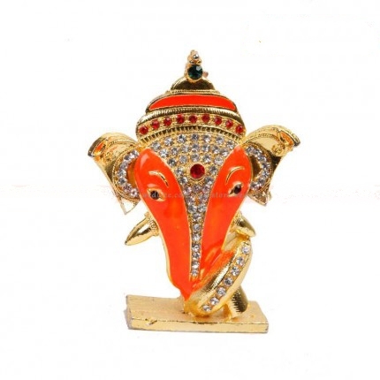 Designer Ganesha Big - Metal 3.5x2.5 Inch, Orange, Gold Polish, Intricate Stone Details