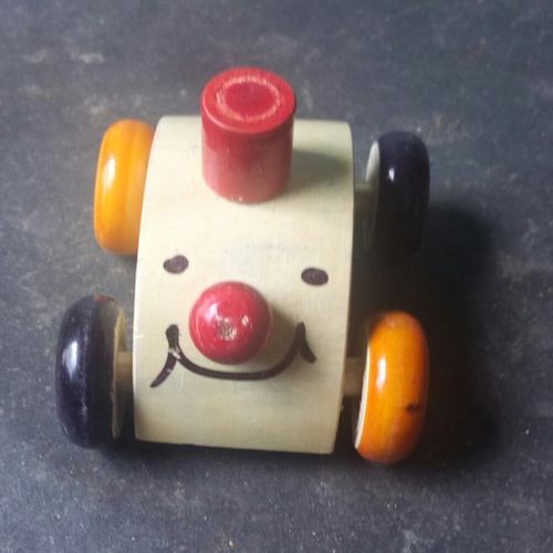 Smiley Car - Durable Wood 3x2x1 Inches Beige, Cute Design, Smooth Roll, Child Friendly Rubber Wheels