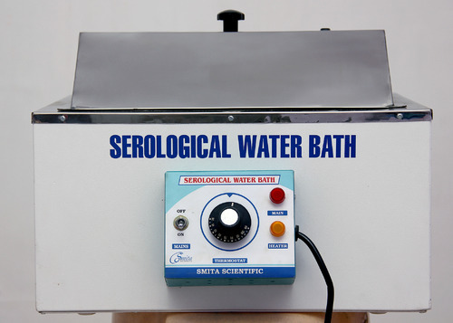 Serological Water Bath - SS-304 Stainless Steel Inner Chamber, 300x250x175mm, German Thermostat | Double Walled, Glass Wool Insulation, Immersion Heater, Drain Plug, Removable Tray, Enamel Painted Outer Shell