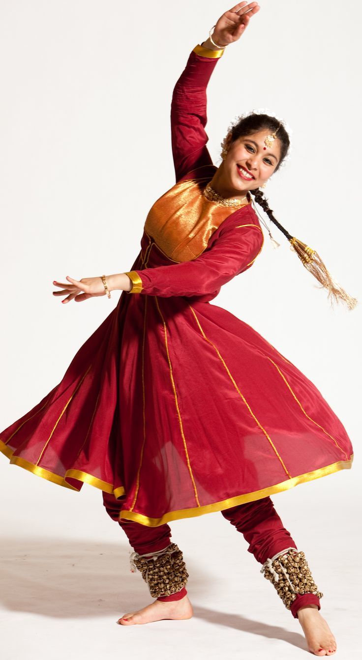 Red Kathak Dance Costume With Gold Border