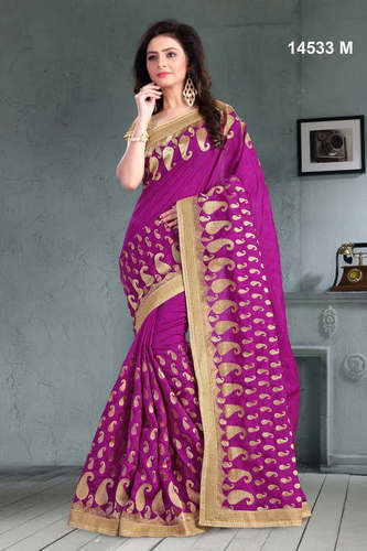 Bhagalpuri Saree - Art Silk, 5.5 Meters Length, 44 Inches Width, Magenta Color | Comfortable Wear, Elegant Design, Intricate Paisley Embroidery, Perfect Drape, Soft Fabric, Stylish Look