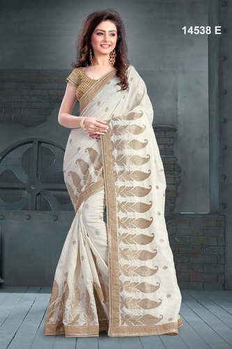 Bhagalpuri Saree - Silk, 5.5 Meters, Off-White | Elegant Design, Soft Fabric, Intricate Weaving, Perfect Drape