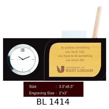 Table Top - Wood & Metal, 3.5"x6.5", Black, Analog Clock | Elegant Design, Durable, Personalized Engraving, Pen Holder