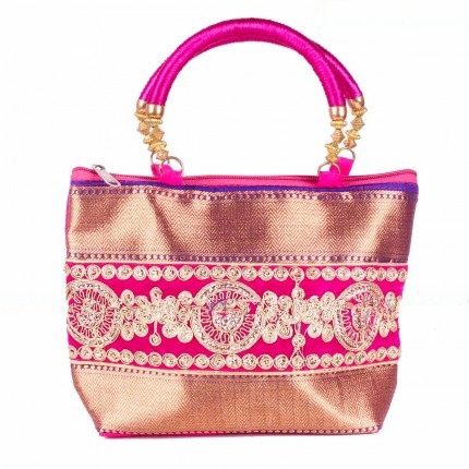 Golden Zari Design - Fabric, 11x7 Inch, Pink | Zari Embroidery, Elegant, Handcrafted, Durable, Colorful Handbag
