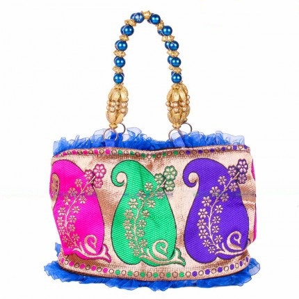 Mango Design with Frill Small - Fabric, 9x6 Inch, Multicolor | Beaded Handle, Colorful Frills, Stylish Design