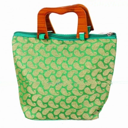 Mango Design Wooden Handle Small - Fabric, 8.5x7 Inch, Green | Zipper Closure, Colorful Pattern, Lightweight, Spacious
