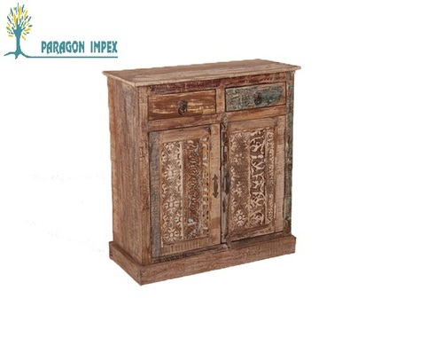 Reclaimed Drawer Chest - Reclaimed Wood 36x16x30 Inches, Natural Finish | Two Doors, Two Drawers, Hand-Carved Detail