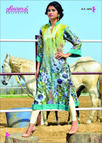 Digital Kurti - Cotton, 50x40 Inches, Multicolor | Vibrant Prints, Soft Fabric, Comfortable Fit, Mandarin Neck, Three-Quarter Sleeves