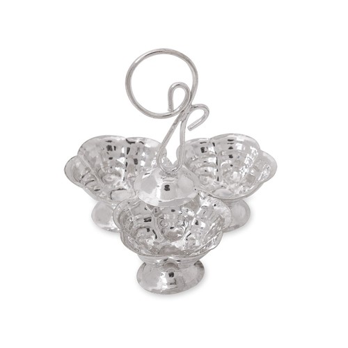 German Silver KumKum Set With 3 Cups Flower Design