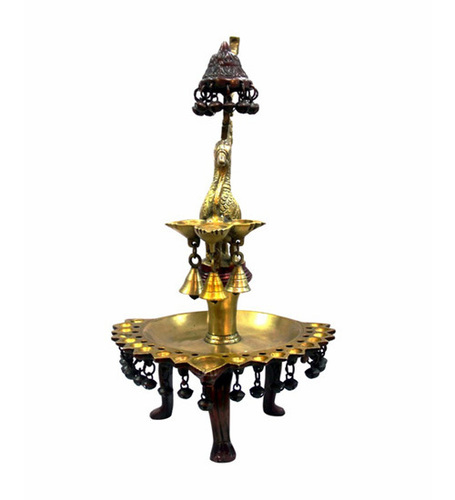 Bronze Deepam with Peacock Design & Rosewood finish