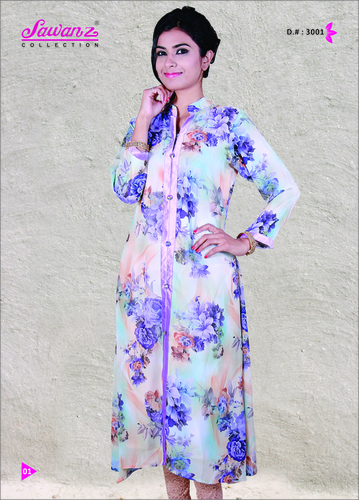 Digital Kurti - Rayon, 44 Inches, Mandarin Collar | Front Zip, Floral Digital Print, 3/4 Sleeves, Comfortable Fit