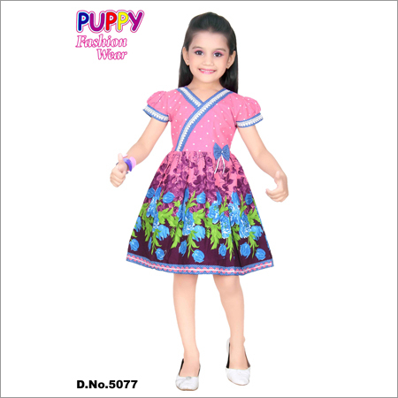 Girls Fancy Frock - Cotton, Knee-Length, Pink | Soft Fabric, Floral Print, Comfortable Fit, Party Wear