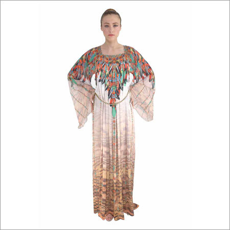 Feather Print Silk Kaftan Dress