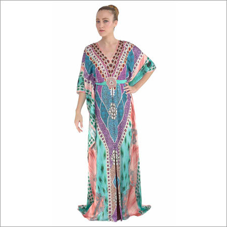 Handmade Kaftan Dress - Silk Maxi, V-Neck, Printed | Lightweight, Durable, Elegant, Unique Design