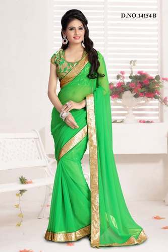 Heavy Stitch Blouse Saree - Soft Chiffon, 5.5 Meters, Green | Half Sleeves, Embroidery, Elegant Design, Comfortable Fit
