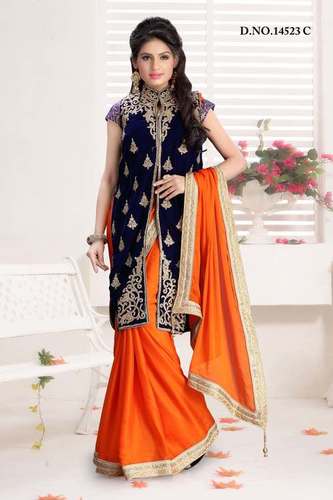 Heavy Stitch Blouse Saree - Silk Blend, 5.5 Meters Length, Orange Color | Elegant Design, Intricate Stitch, Stylish Sleeveless Blouse, Embroidery Work