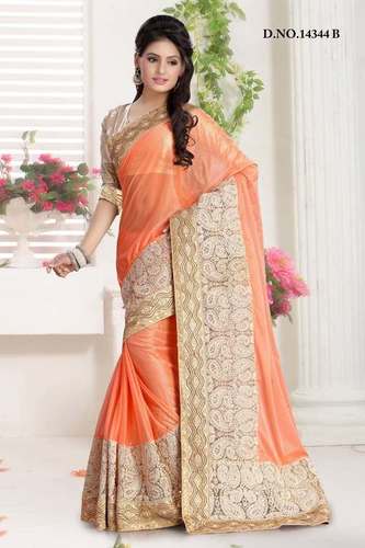 Lycra Saree - Lycra, 5.5 Meters, Orange | Embroidered Work, Stretchable Fabric, Comfortable, Stylish Party Wear