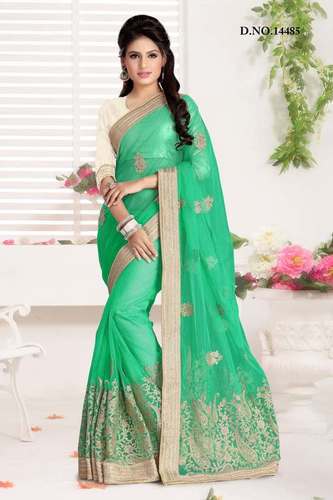 Net Sarees14485 - Net, 5.5 Meters, Mint Green | Floral Embroidery, Elegant Design, Comfortable Fit